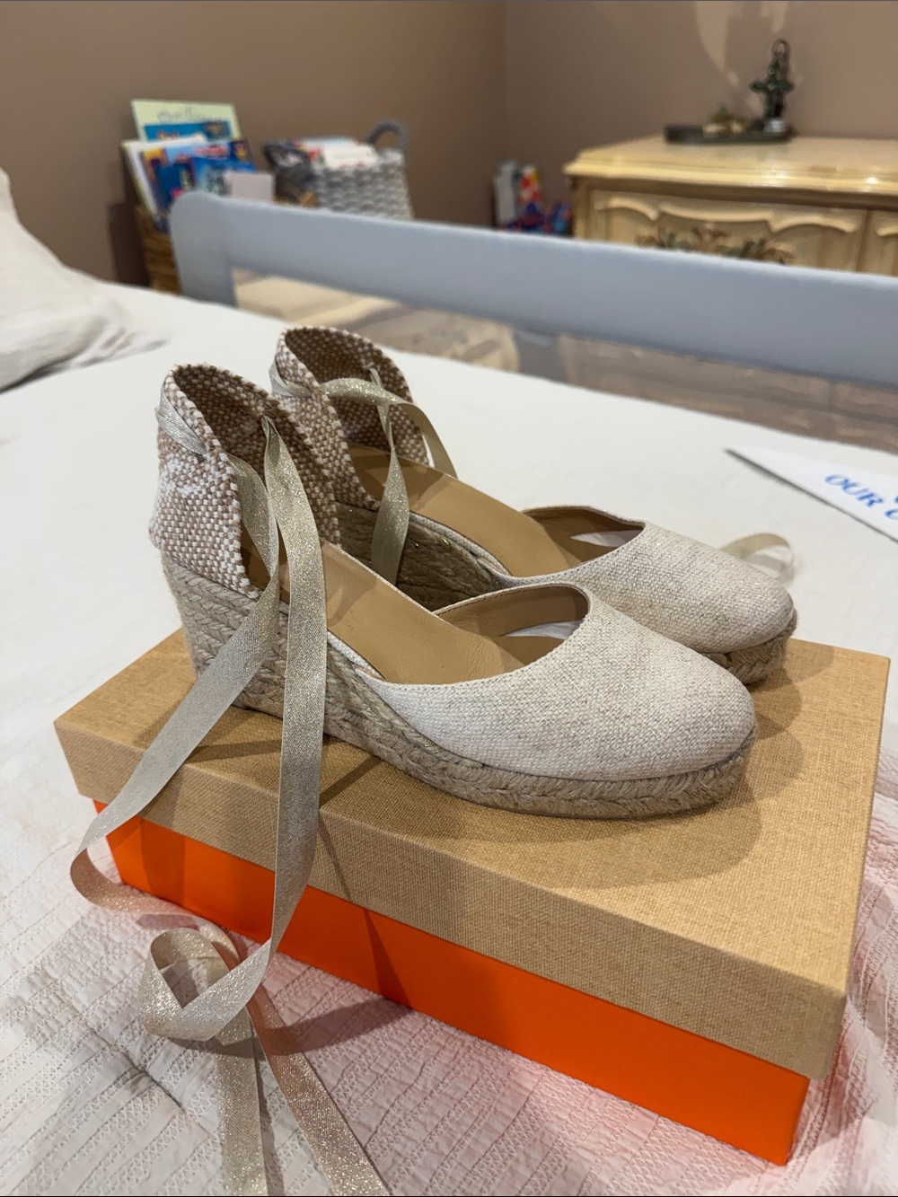 Castaner Carina Sandal-Neutral Linen Espadrille Wedge with Ankle Tie